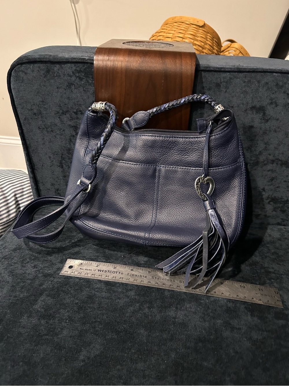 Brighton Navy Braided-Handle Leather Shoulder Bag with Tassel